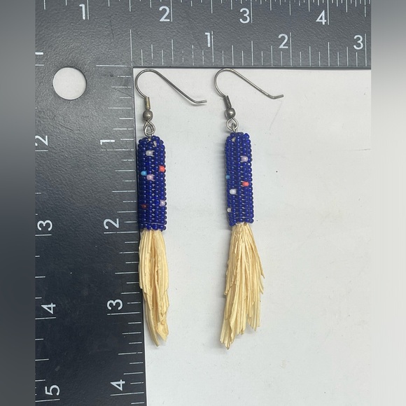 Indian Corn Maize Earrings Navajo Native American Blue Seed Beads Beaded Dangle - Picture 3 of 3